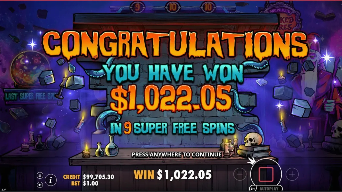 Tampilan visual slot Mr Null’s Wicked Wares dengan tema horor arcade yang penuh misteri.